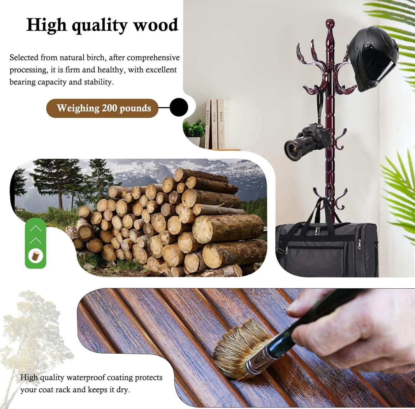 Coat Rack Stand, Solid Wooden Coat Tree with 14 Hooks, Heavy Duty Coat Rack Freestanding with Sturdy Round Base, Natural Birch Wood Coat Hanger Stand for Entryway Bedroom (Swing)