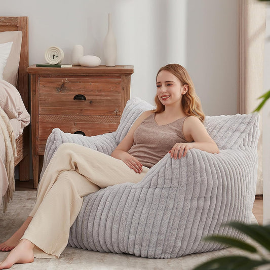 Giant Bean Bag Chairs for Adults Teens, Large Bean Bag Sofa Chairs with Filling Comfy Fuzzy BeanBag Chair with Armrests for Bedroom Living Room Reading (Light Gray, Large)