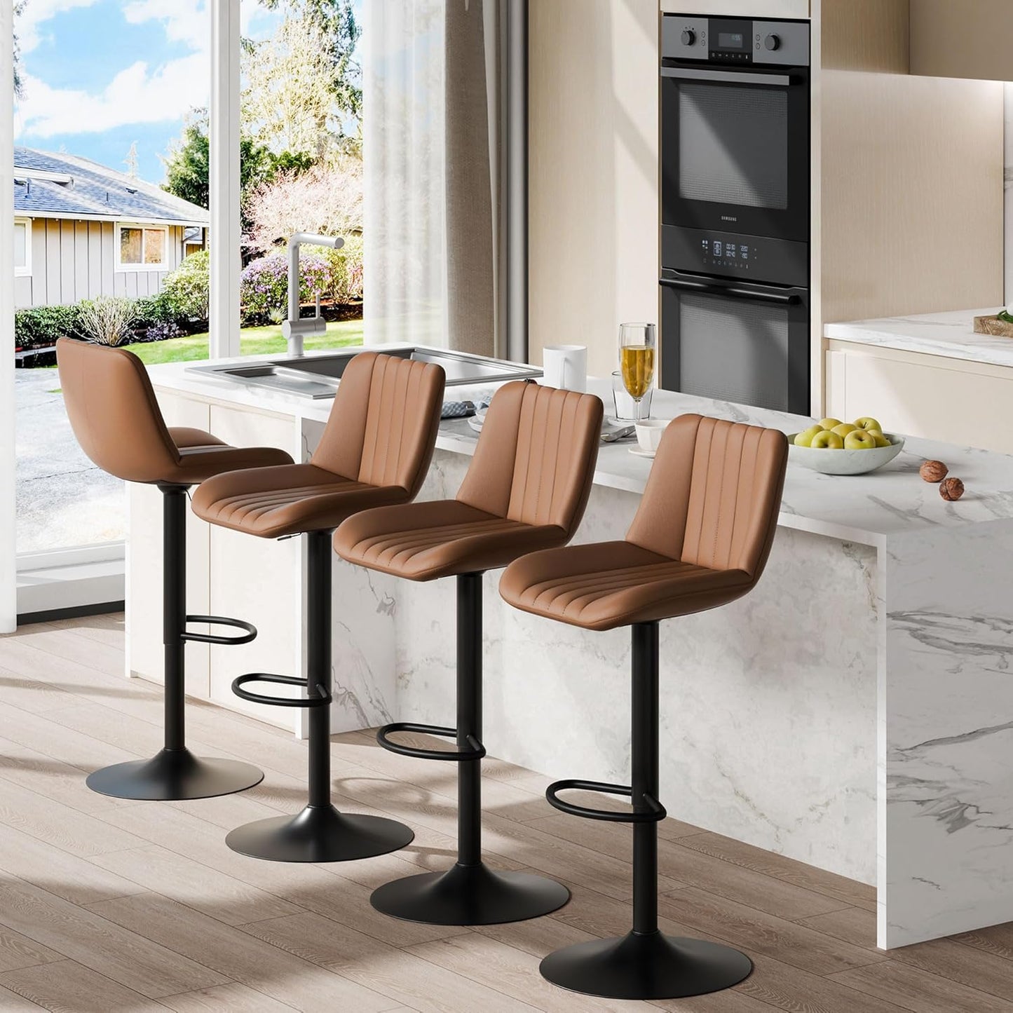 Shintenchi Swivel Bar Stools Set of 4, Adjustable Faux Leather Upholstered Swivel Counter Stools, Armless Bar Height Island Chairs with Back and Footrest, Brown