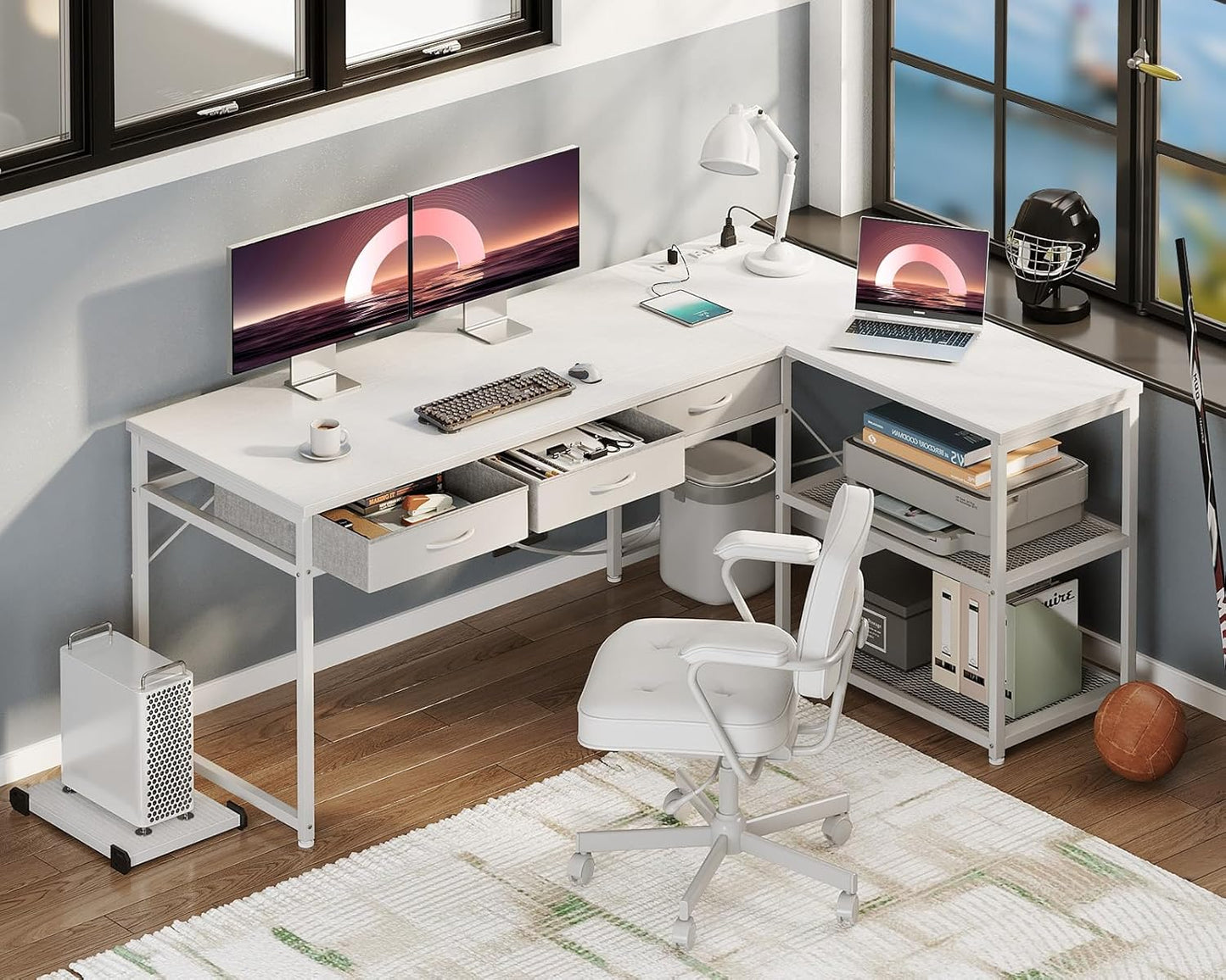 AODK 61 Inch L Shaped Computer Desk with Drawers, Corner Desk with Power Outlets & Reversible Storage Shelves, Movable CPU Stand for Home Office Gaming, White