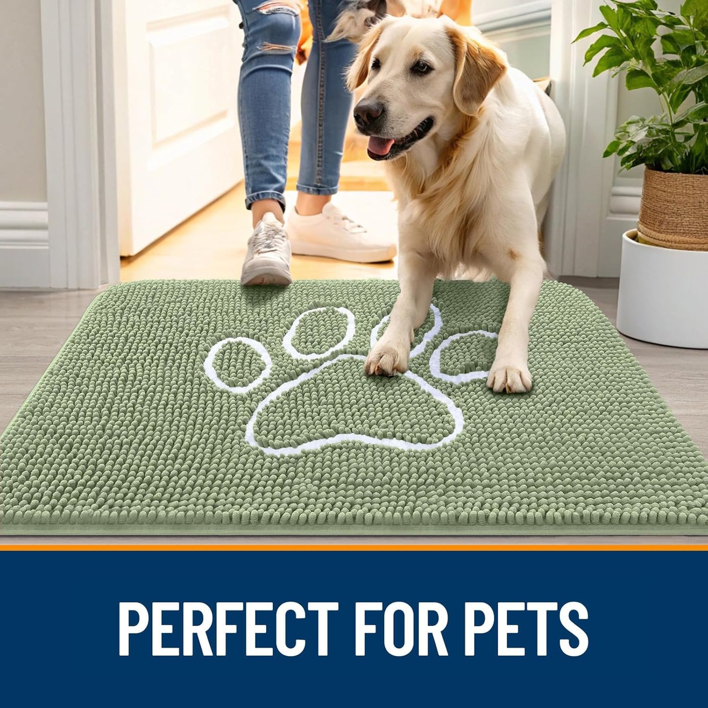 OLANLY Door Mat for Muddy Dog Paws 47x32, Ultra Absorbent Chenille Mud Doormat with Paw Print Design, Non-Slip Washable Doormat for Indoor Entryway, Quick-Dry Pet Bed Mats for Dirty Dogs, Sage Green