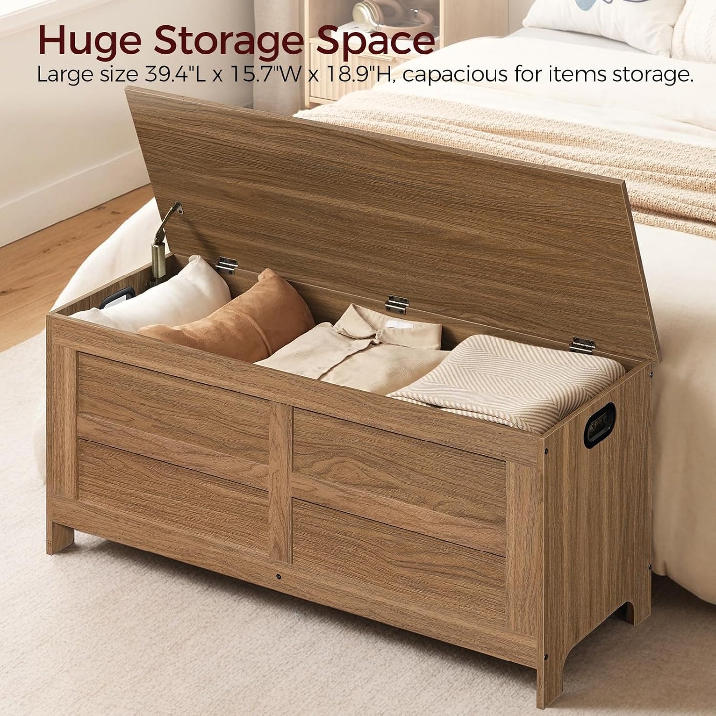 Storage Chest, 39.4” Large Toy Chest, Entryway Storage Trunk, Storage Bench with Safety Hinge, Entrance Bench for Living Room, Entrance, Bedroom, Honey Brown SCOR48301