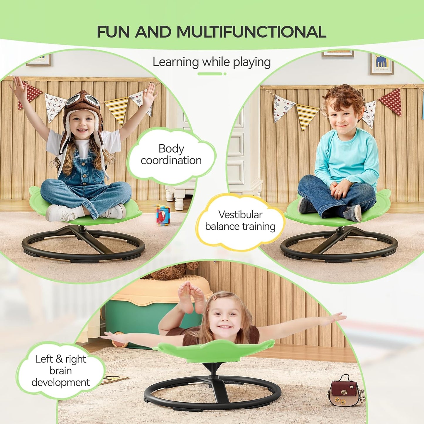 Swivel Chair for Kids, 360° Spinning Seat, Toddler Sit and Spin Wobble Chair, Sensory Balance Toys, Autism ADHD Chairs, Play Equipment Relief Motion Sickness for Boys Girls (Green)