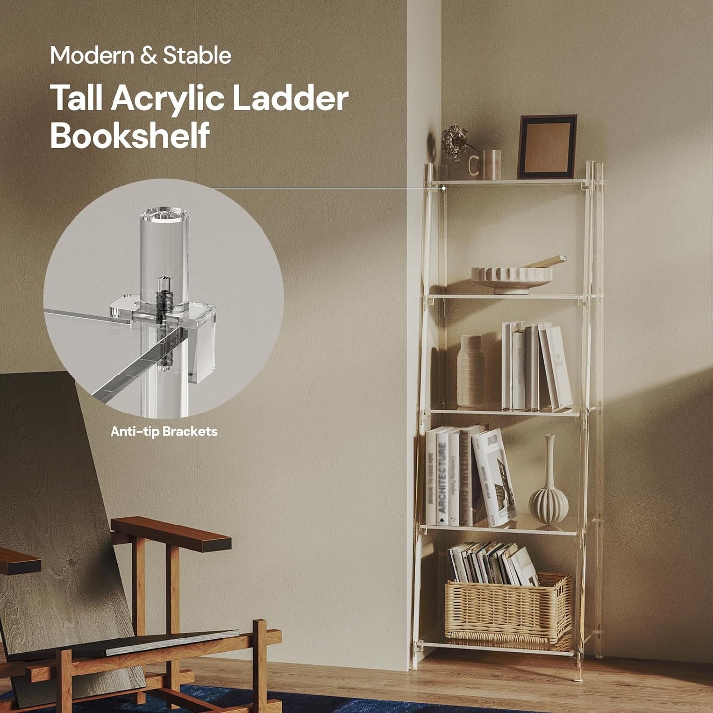 Acrylic Ladder Bookshelf, 13.8" D x 20.5" W x 59" H, 5-Tier Tall Clear Bookcase, Multifunctional Storage Book Shelf for Living Room, Bedroom, Office, Modern, Easy Assembly