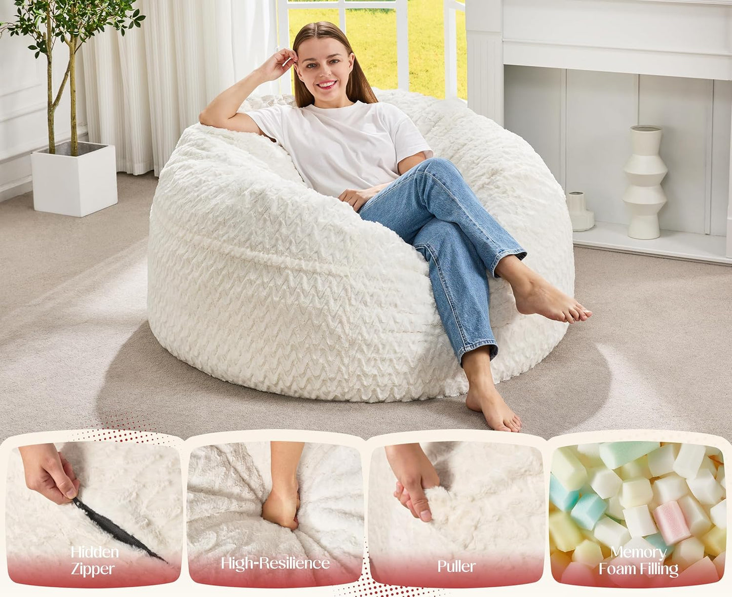 Hobestluk Bean Bag Chair Convertible Beanbag Chairs for Adults, 3 in 1 Bean Bags with Plush Chevron Cover, Adult Bean Bag Chair for Living Room, Bedroom (White, Full)