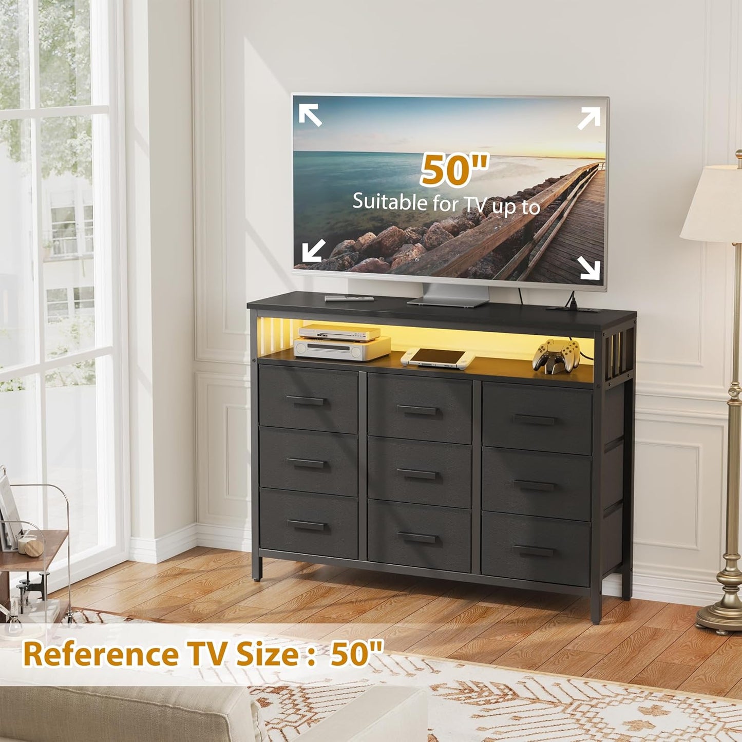 9 Drawer Dresser TV Stand with LED Lights & Power Outlets, Entertainment Center with Open Shelf, Media Console for 50” TV, Large Storage Dresser for Bedroom (Black)