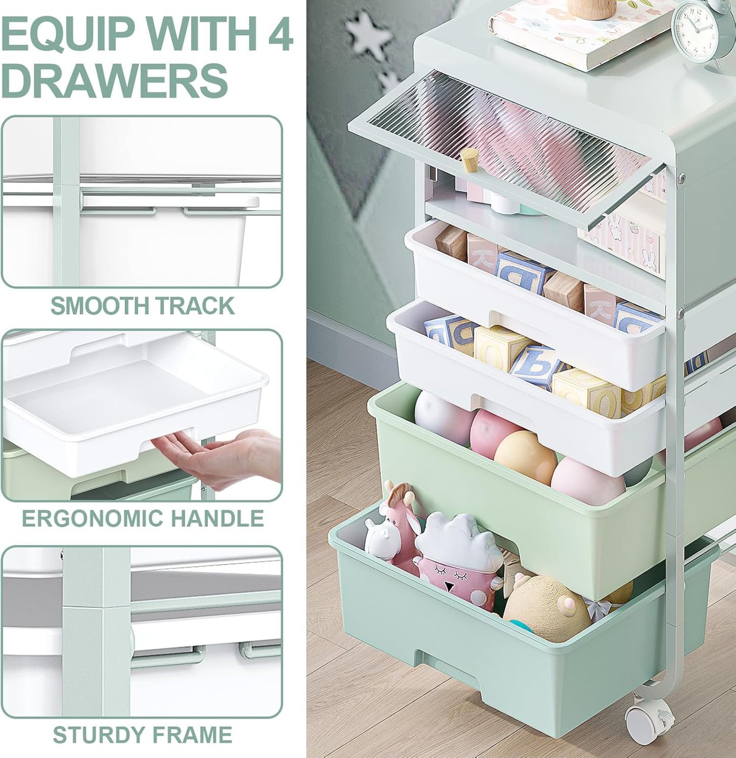 Utility-Rolling-Storage-Drawer-Craft-Cart-Organizers with 4 Drawers & Dust-proof Door for Kid Craft Art Room,Bedroom,Home Office, 4 Tiers Drawer cart, Green