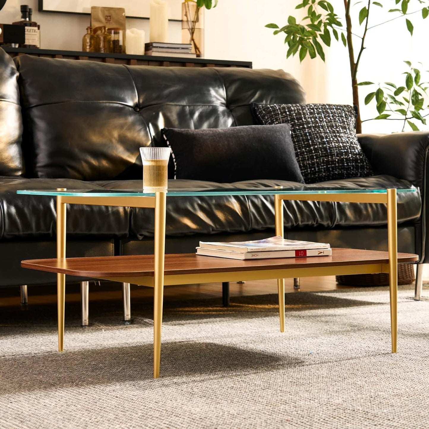 AGV LIGHTING Tadio Glass Coffee Table, Mid-Century Modern Coffee Table for Living Room, Gold Finish Leg, Clear Glass Top & Walnut Brown Shelf, Rounded Corners