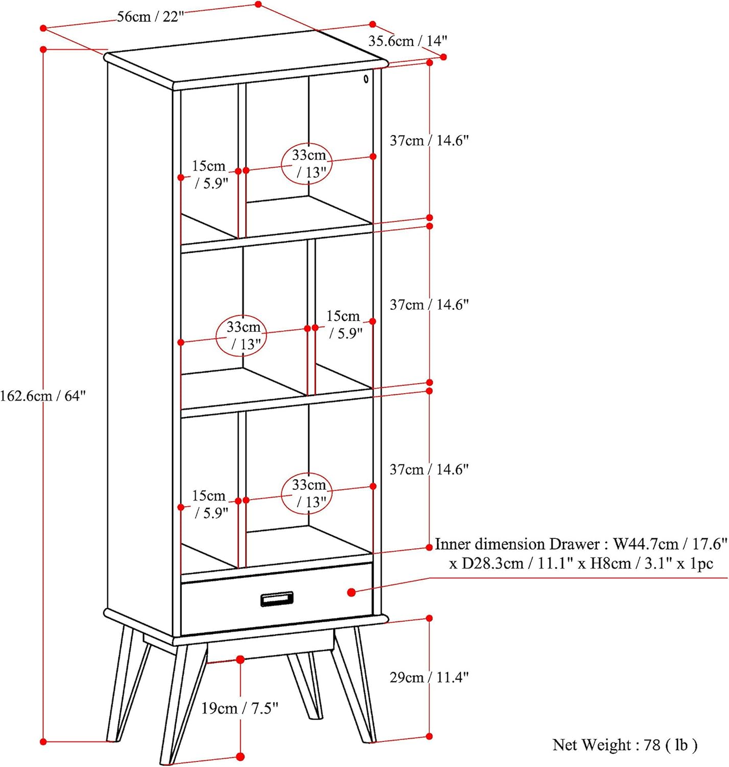 SIMPLIHOME Draper Solid Hardwood 64 inch x 22 inch Mid Century Modern Bookcase and Storage Unit in White for The Living Room, Study Room and Office