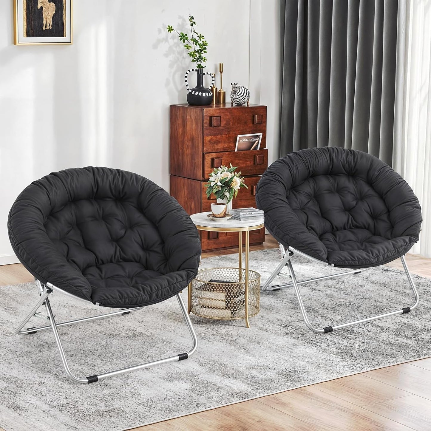 MoNiBloom Round Folding Saucer Chairs Set of 2 for Bedroom Living Room Dorm Foldable Metal Frame Comfy Soft Lounge Lazy Cozy Moon Chairs for Teens (Black)