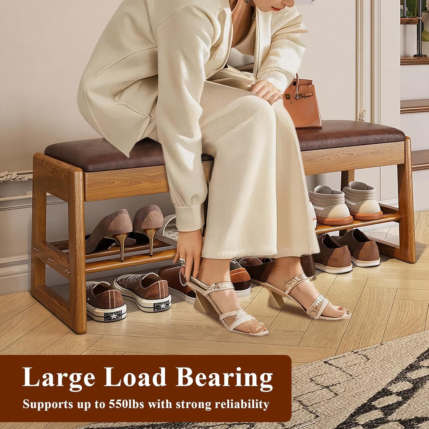 Shoe Rack Bench Seat Rubberwood 2-Tier Wooden Storage Bench 550lbs Compact Mid-Century Modern Design for Entryway, Hallway, Closet, Front Door Entrance, Foyer