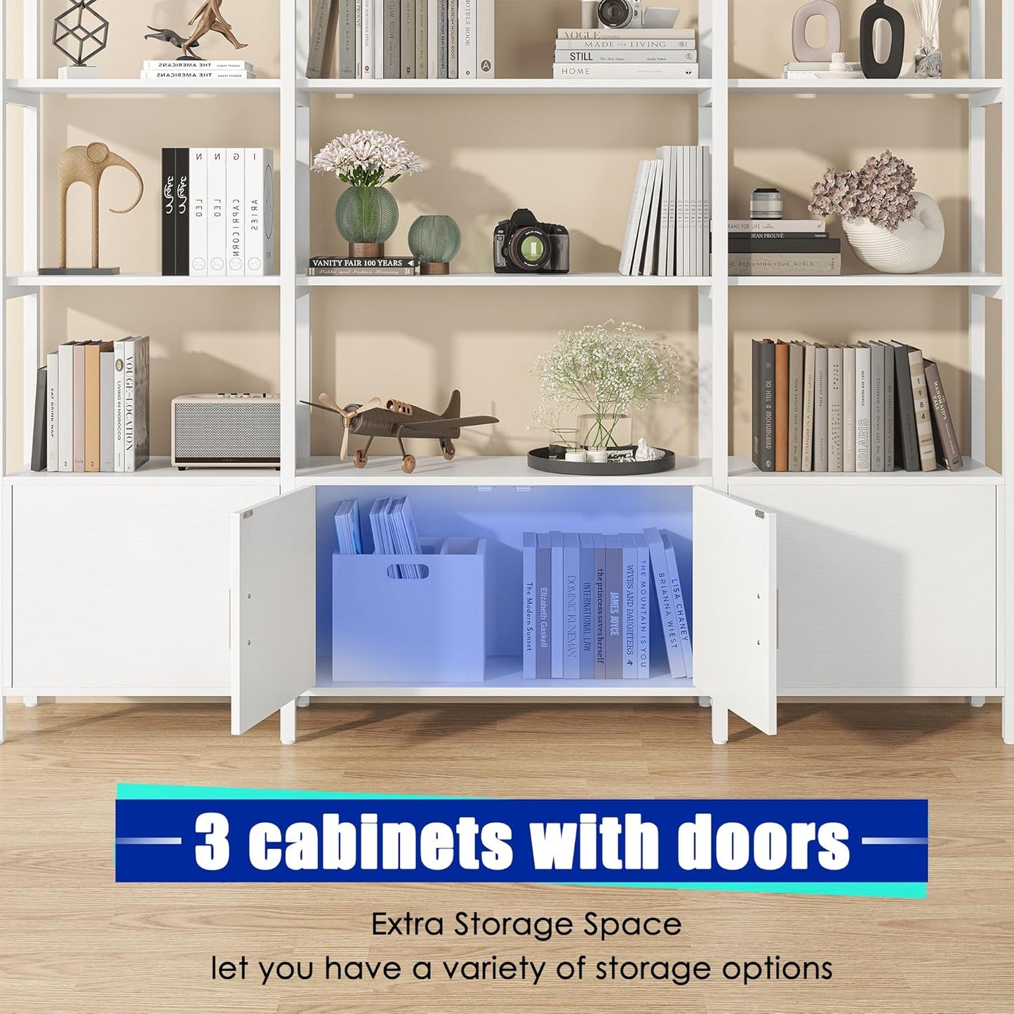 Triple Wide 5 Tier Tall Arched Bookshelf and Bookcase with 3 Cabinets, Industrial Metal Etagere Open Bookshelf, Wood Standing Book Shelf with Black Metal Frame for Bedroom Living Room