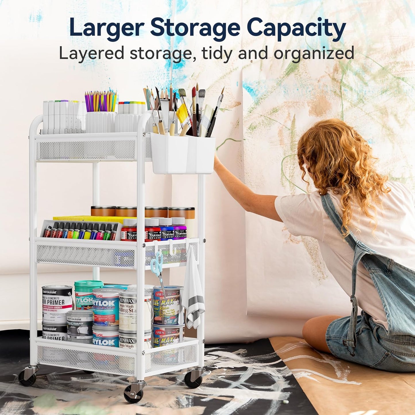 YASONIC 3 Tier Rolling Cart – Metal Utility Storage Cart with Wheels, Craft Carts Organizer with Hanging Cups, Hooks, Mesh Basket for Bedside Kitchen Office Art, White