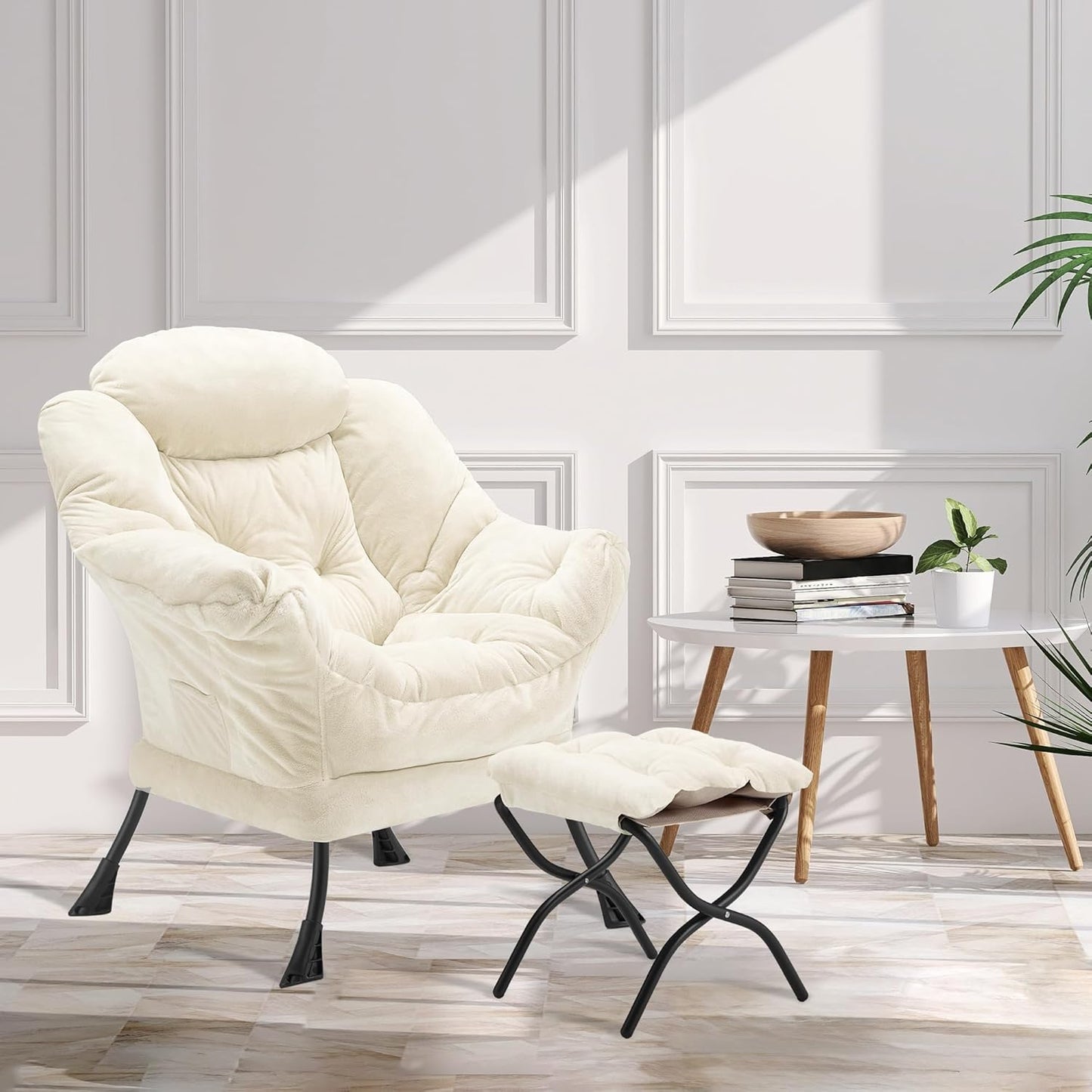 Fabric Lazy Chair with Ottoman, Oversized Upholstered Sofa Chair for Adults, Plush Comfy Lounge Chair with Large Side Storage Pocket, Reading Chair for Living Room, Bedroom, Study Room, Beige