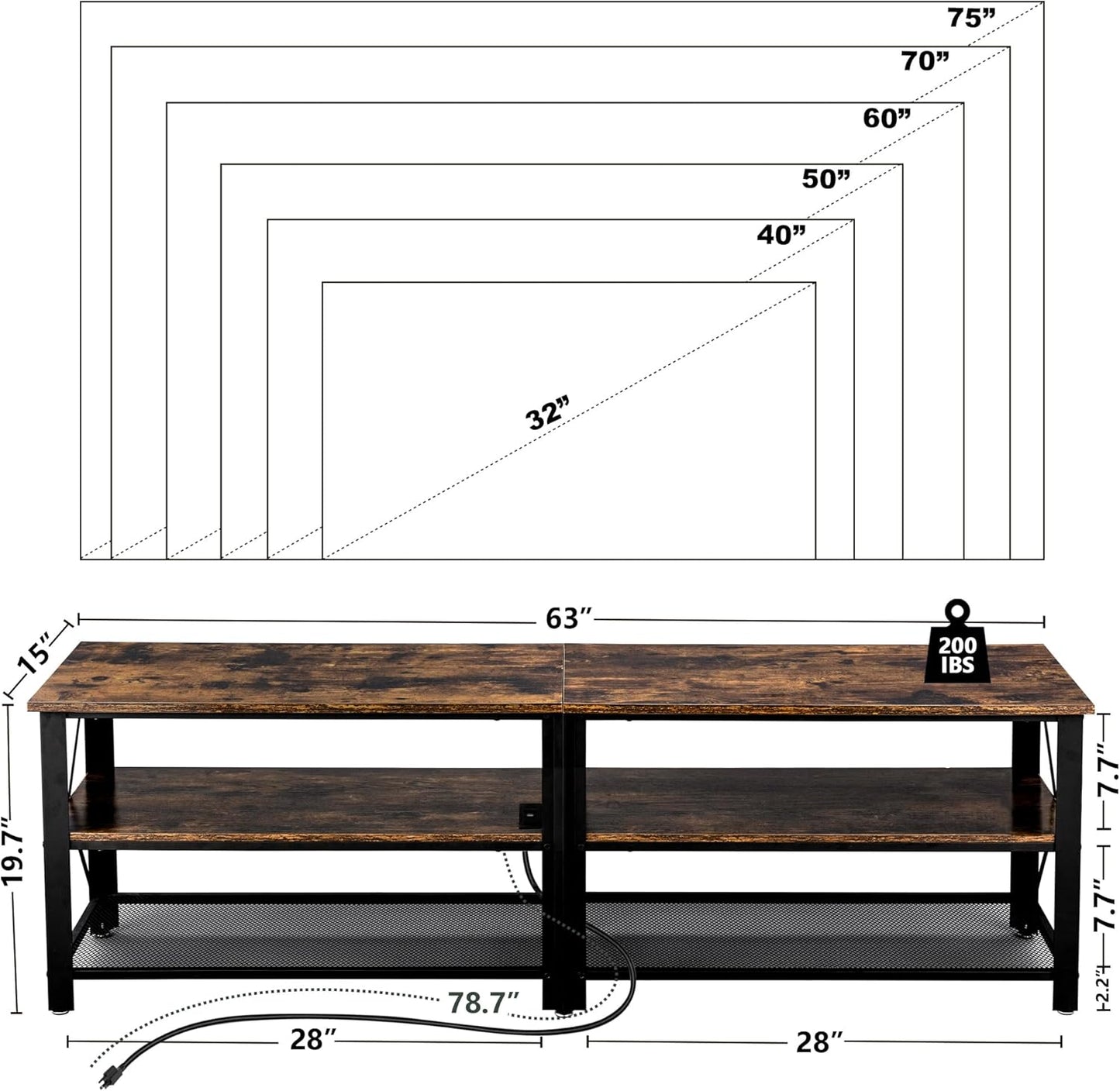 Clikuutory Modern Brown 63 inch Metal TV Stand with LED Lights and Power Outlets for 40 50 55 60 65 70 Inch TVs, 3 Tier Television Stands with Entertainment Center and Storage for Living Room, Bedroom