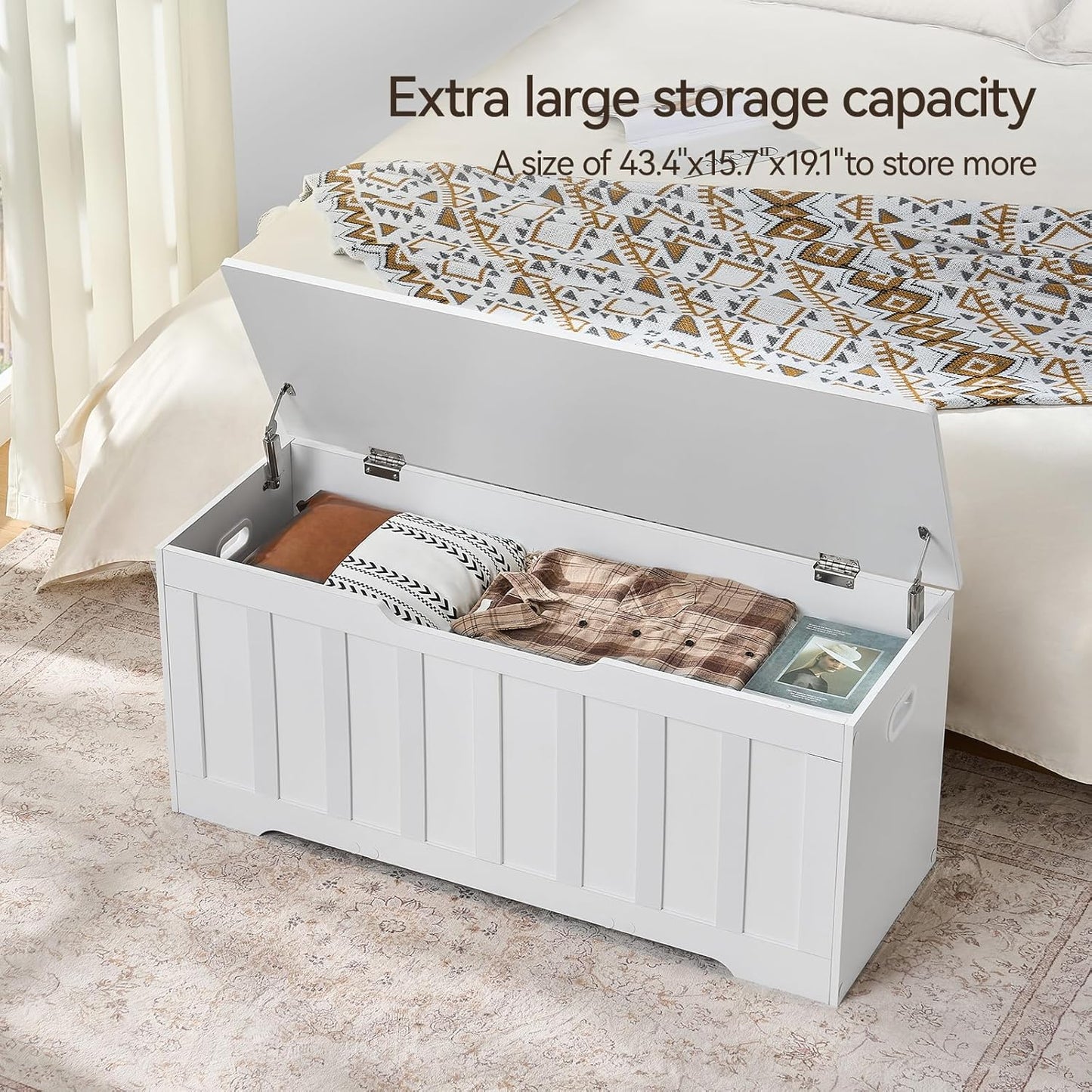 43.3" Storage Chest Extra Large,Storage Trunk with 2 Safety Hinges,Wooden Storage Bench,Shoe Bench,43.3x15.7x19.1 Inch,Easy Assembly,Storage Bench for Bedroom,Living Room,entryway(White).