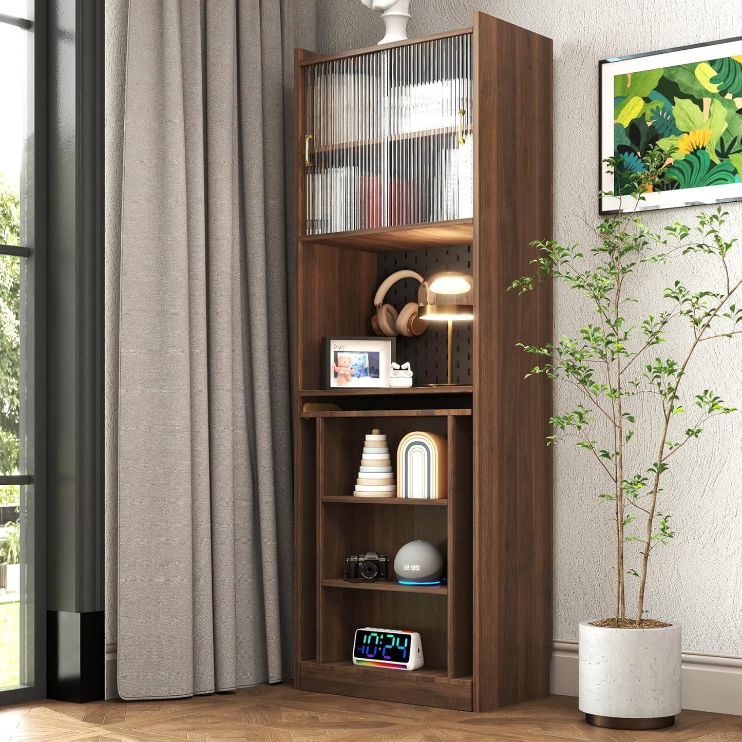 KEIKI Folding Home Office Desks with Pegboard, Glass Doors, Bookshelf & Storage Shelves, Modern Wooden Computer Table Workstation for Work, Study, Writing