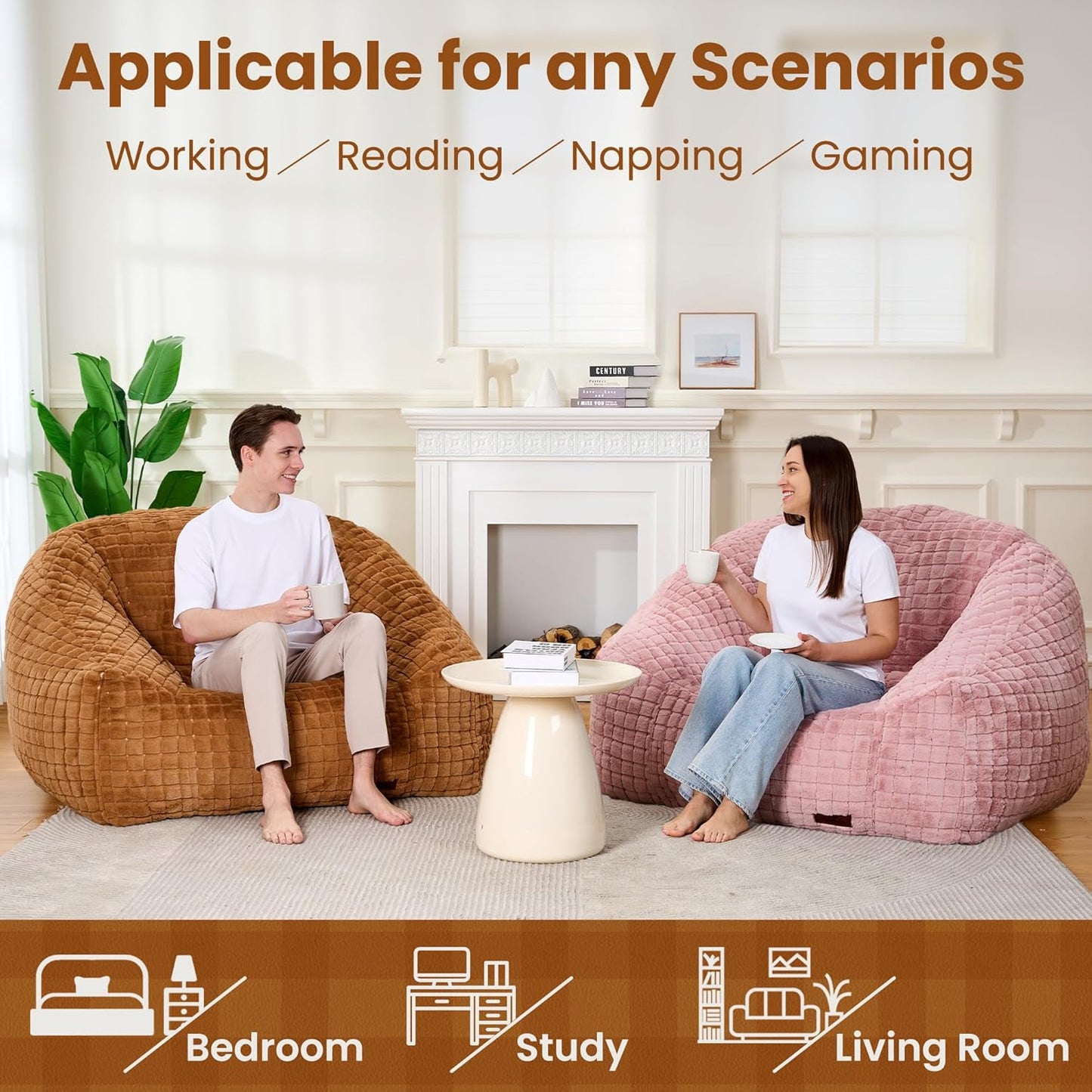 Bean Bag Chairs for Adults, Giant Beanbag Sofa Comfy Reading Chair, Oversized Bean Bag Chairs for Living Room Bedroom, Soft Faux Fur Fabric, 3.2FT, Khaki, Checkered