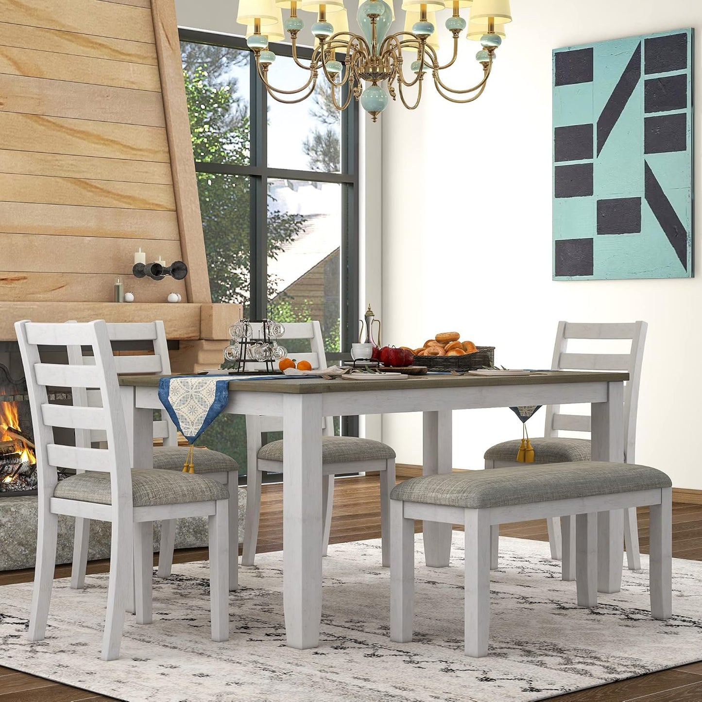 Ball & Cast 6 Piece Dining Table Set with 4 Upholstered Chairs & 1 Bench,Wooden Living Room Furniture W/ 60" Rectangle Kitchen Desk,for Restaurant,Home Bistro,Brown+White Wash