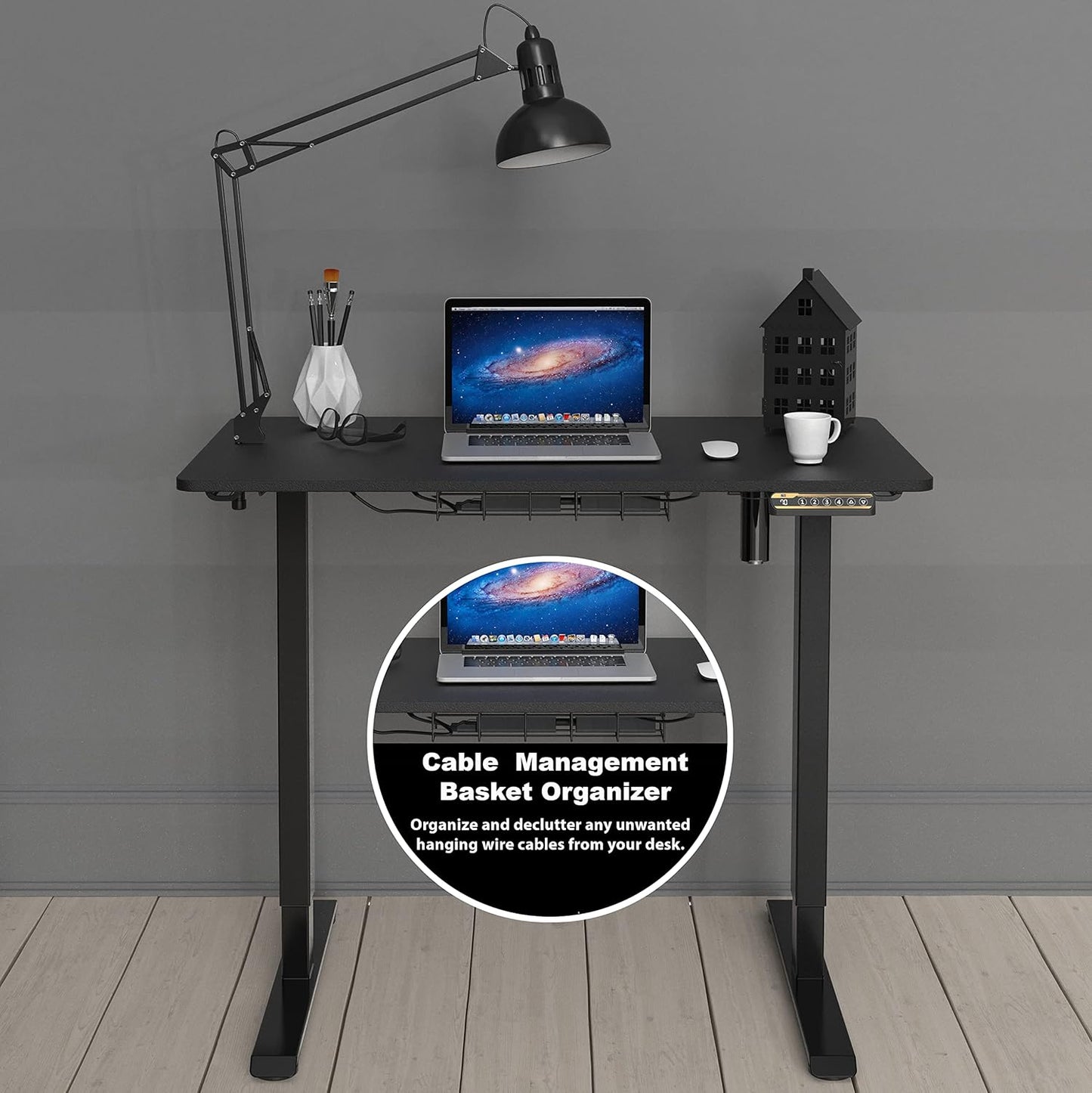 SHW 40 x 22 Inches Electric Height Adjustable Sit to Stand Desk with Hanging Hooks and Cable Management, Black Frame and Black Top
