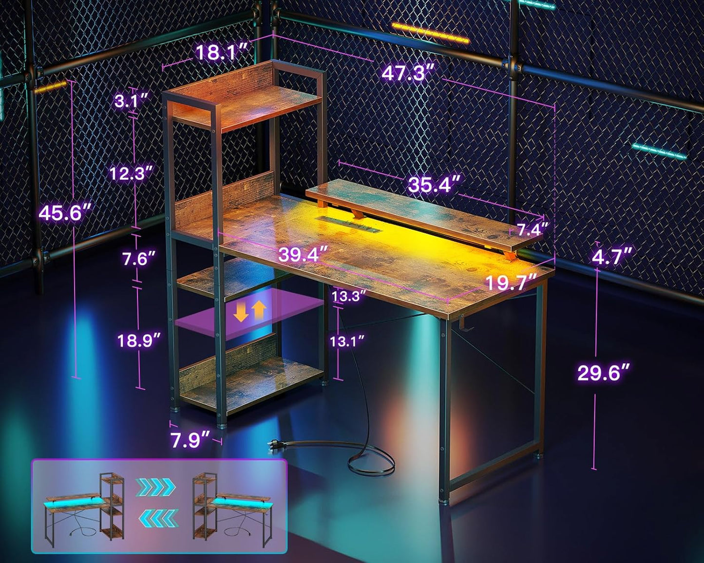 ODK Reversible Gaming Desk with Power Outlets and LED Lights, 48 Inch Computer Desk with Storage Shelves and Monitor Stand, Modern Writing Study Desk for Home Office, Rustic Brown