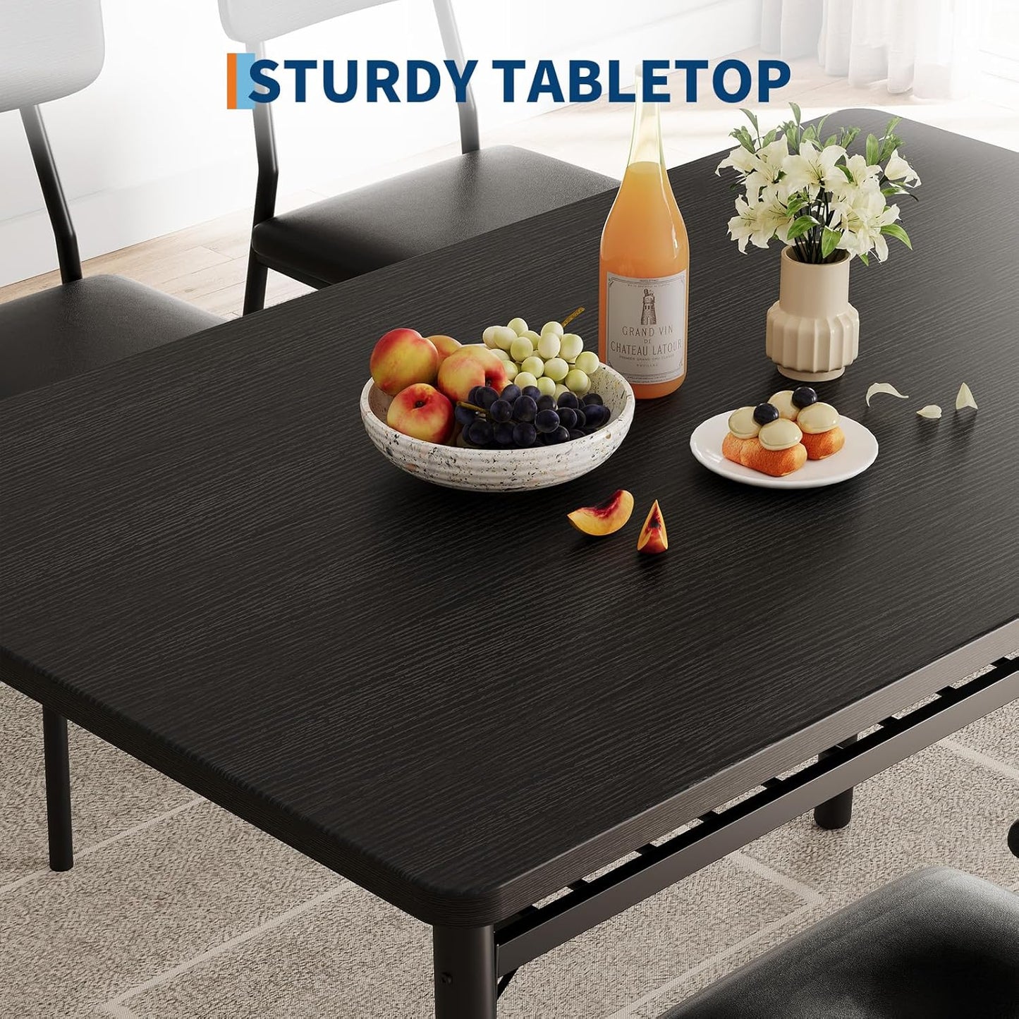 GarveeHome Dining Table Set for 4 with Storage Rack, 5-Piece Kitchen Table and Upholstered Chairs of 4, Wood Tabletop & Heavy-Duty Metel Frame, Dining Room Set for Small Space, Apartment, Black