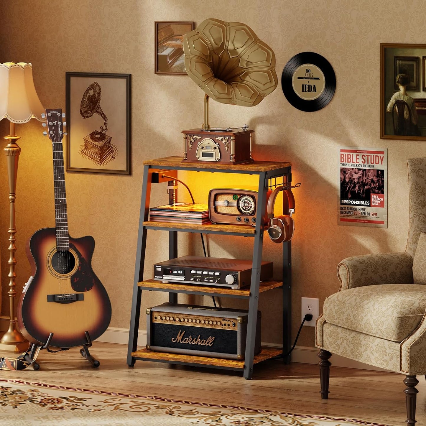 4-Tier AV Media Stand with Power Strips, Heavy Duty Stereo Cabinet Stand with LED Lights, Wooden Record Player Stand with 2 Hooks, Audio Stand Furniture Perfect for DVD Player/Game Console/TV Box/Xbox