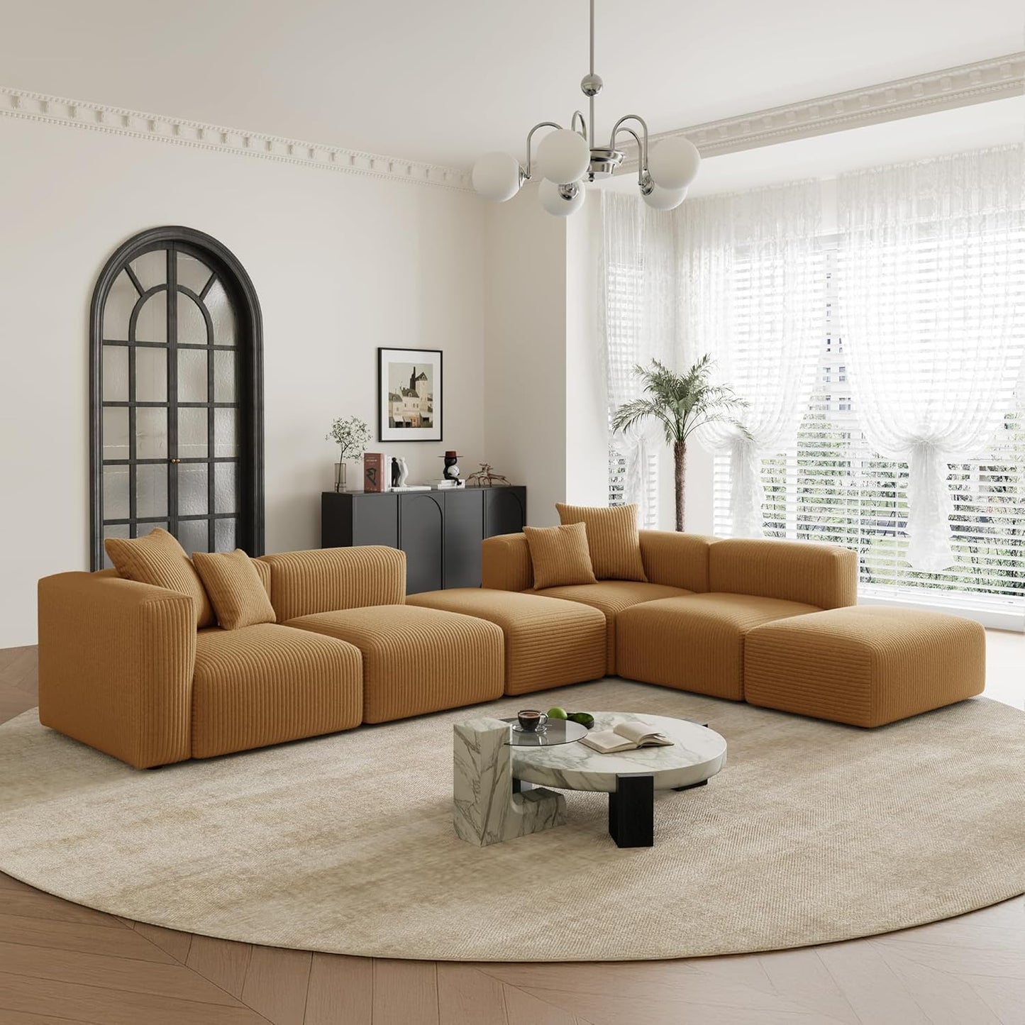 Acanva Convertible Modular Sectional Sofa with Movable Ottomans, Free Combination Corduroy Couch for Living Room Apartments, U-Shaped, Yellow