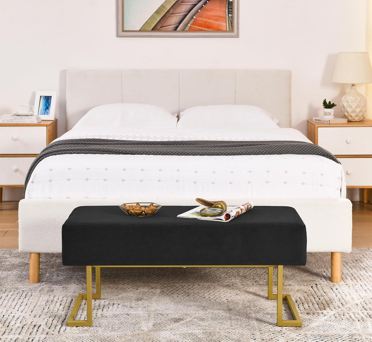 Modern Style Bedroom Double Seat Bench, Cushioned Bed end Stool, Living Room Sofa Stool, Footstool with Golden Iron Legs, Suitable for Bedroom and Living Room (Black, 39.37"x15.74"X16.53")