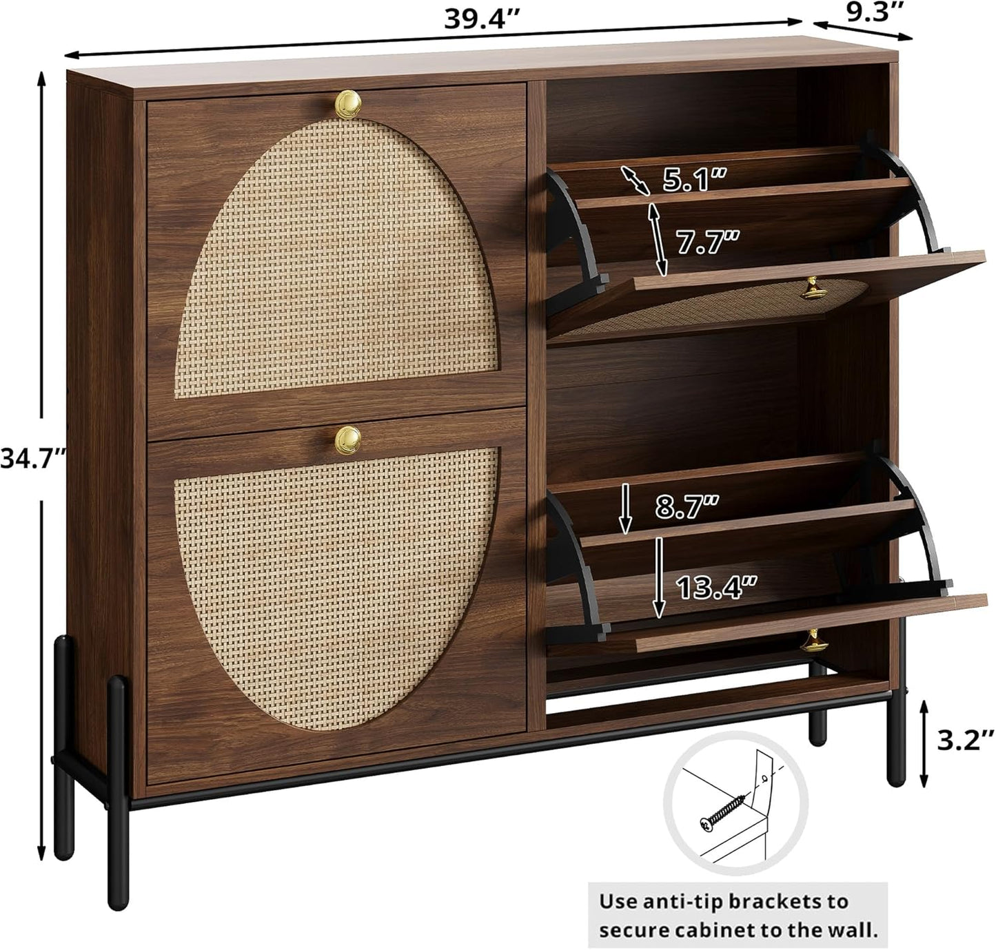 IRONCK Rattan Shoe Cabinet Storage with 4 Flip Drawers, Freestanding Shoe Storage Organizer Cabinet for Entryway, Narrow Shoe Rack Cabinet, Walnut