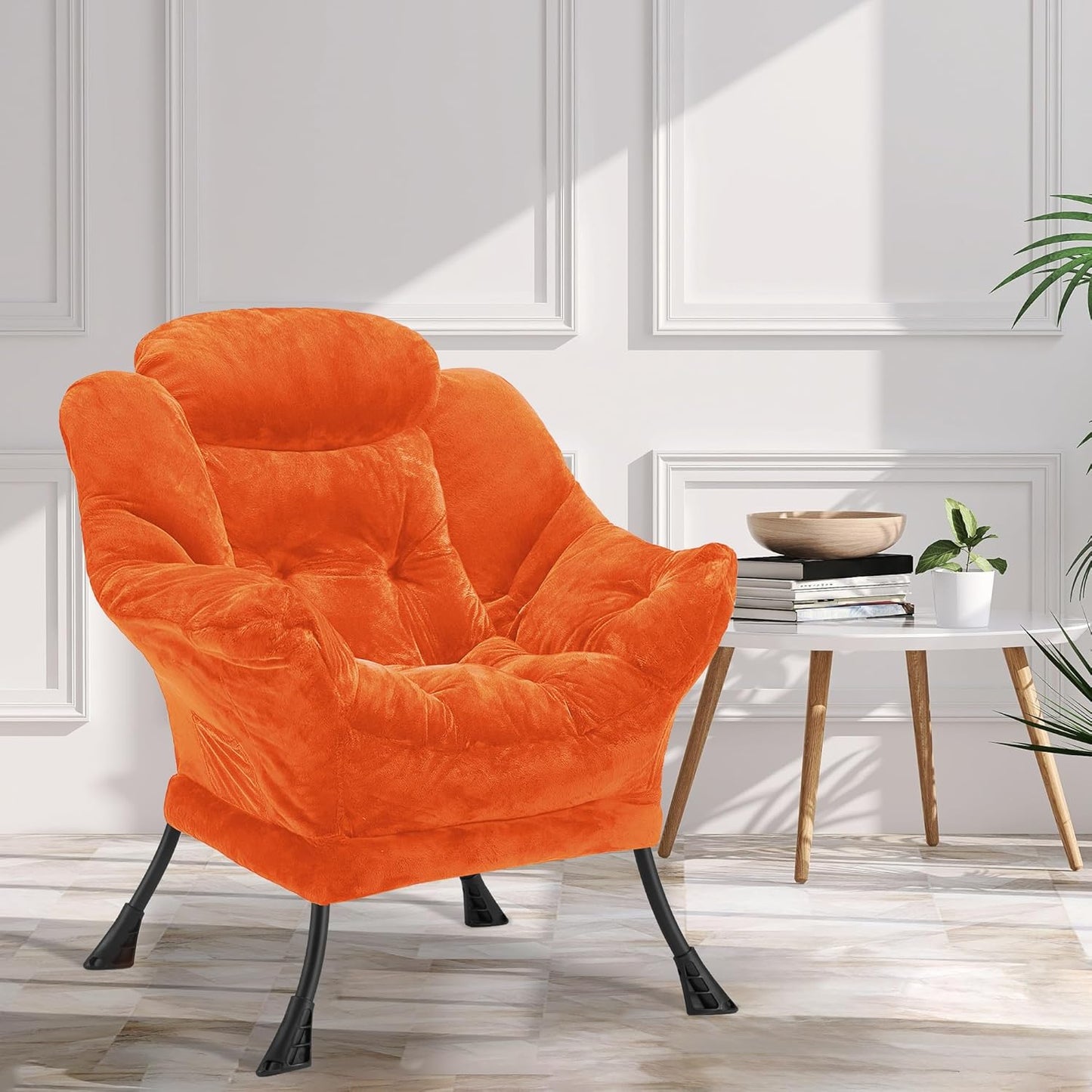 Fabric Lazy Chair for Adults, Oversized Upholstered Sofa Chair, Plush Comfy Lounge Chair with Large Side Storage Pocket, Thick Padded Reading Chair for Living Room, Bedroom, Office, Orange
