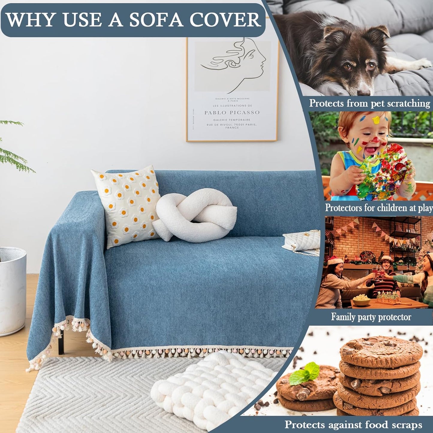 HANDONTIME Couch Slipcover Dog Sofa Covers Boho Couch Cover for Dogs Blue Sofa Throw Cover Bohemian Sofa Covers for 3 Cushion Couch Herringbone Sectional Couch Cover Slipcovers for Sofas, 71" X118"