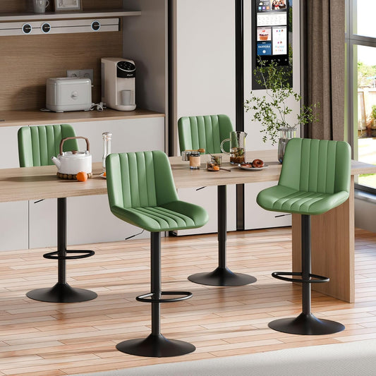 Shintenchi Swivel Bar Stools Set of 4, Adjustable Faux Leather Upholstered Swivel Counter Stools, Armless Bar Height Island Chairs with Back and Footrest, Green