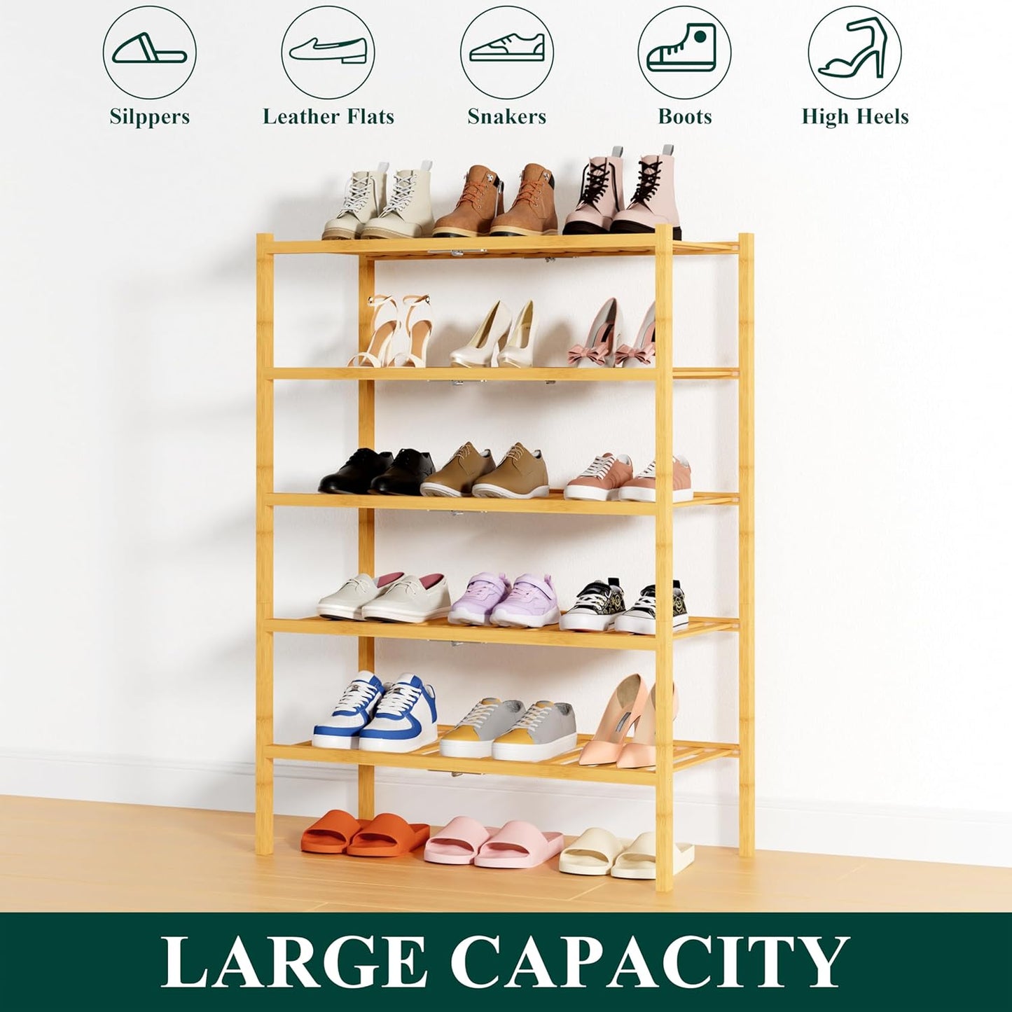 Smiry Shoe Rack, 5 Tier Thick Bamboo Shoe Organizer, Stackable Free Standing Wooden Shoe Storage Shelf for Closet, Entryway, Front Door Entrance, Natural