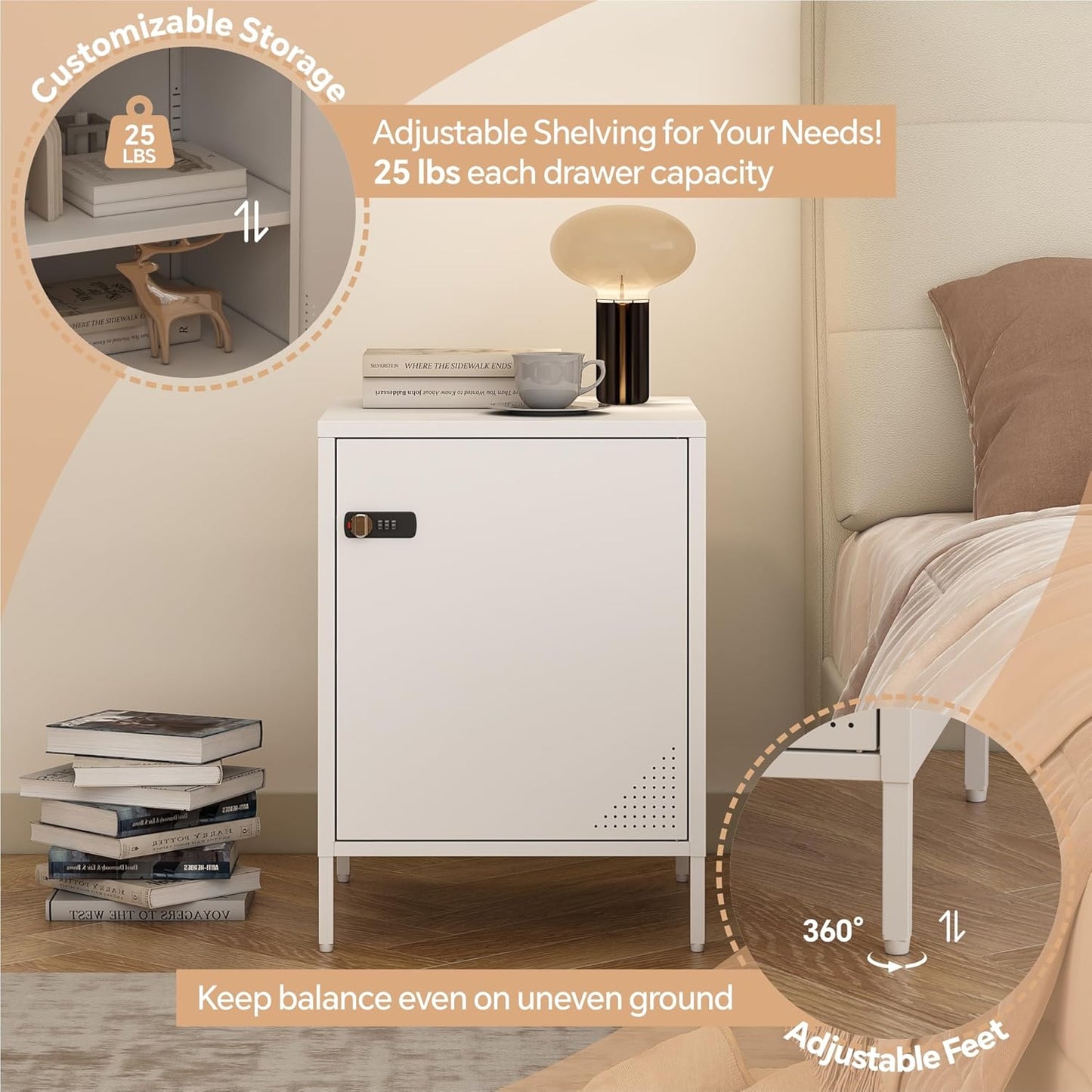 Metal Locker End Table Single Door Nightstand Lockable Bedside Table Storage Cabinet for Bedroom, Dorm, 21.26”H X 15.75”W X 15.75”D (1 Door, White)