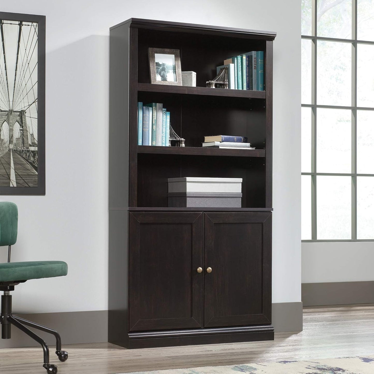 Sauder Select Book Shelf, Bookshelf with Storage, Library Bookcase with Doors and Adjustable Shelves, in Estate Black