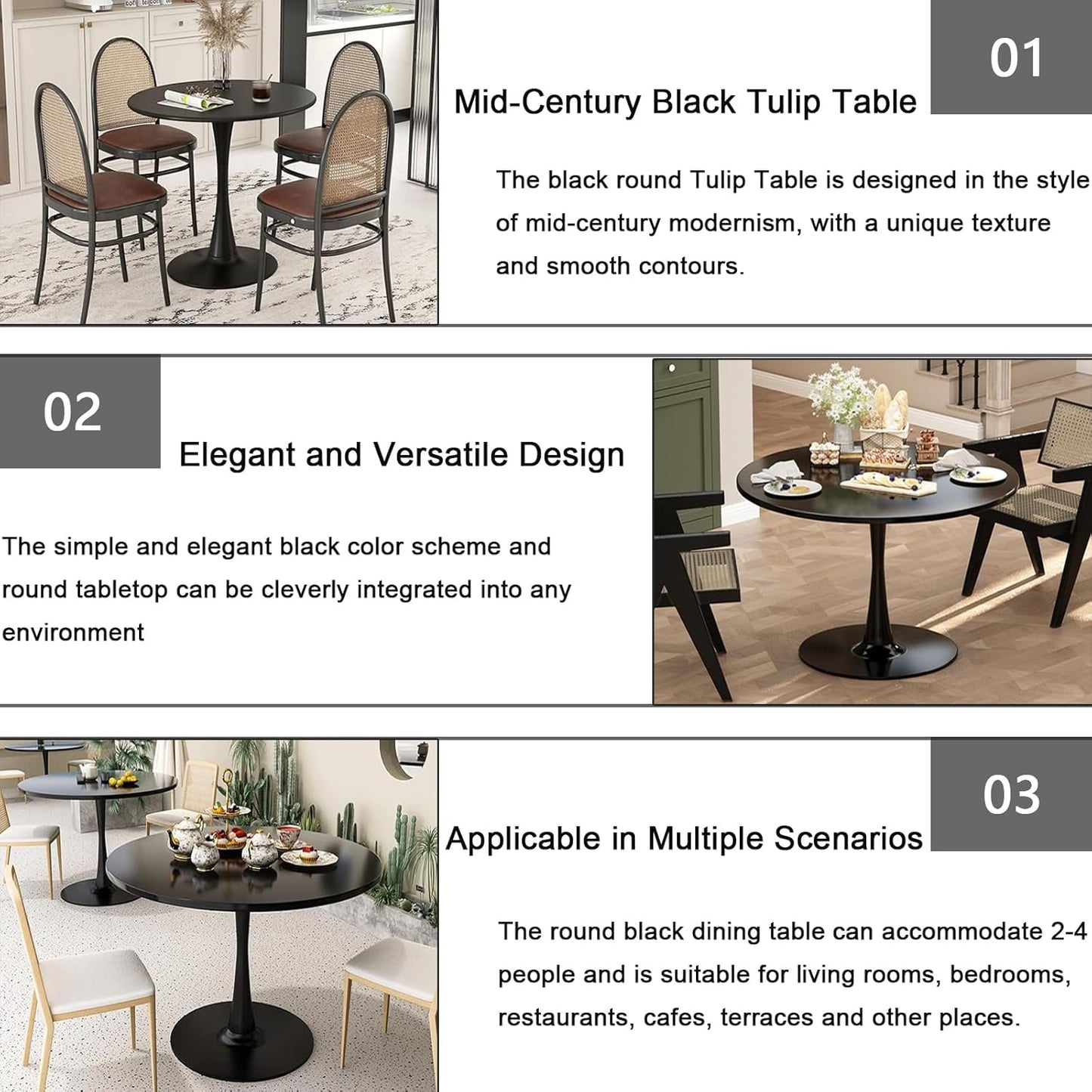 Black Round Dining Table, 24 Inches Tulip Round Kitchen Table, Mid-Century Leisure Table for Small Places, Dining Room, Living Room, Cafe