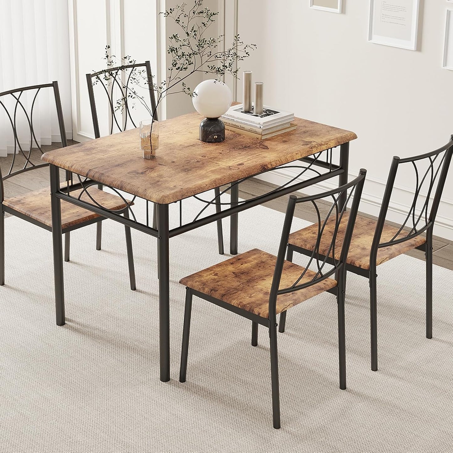 IDEALHOUSE Dining Table Set for 4, Kitchen Table and Chairs Set for 4, Rectangular Kitchen Table Set, 5 Piece Small Dining Table Set with Wood Chairs for Apartment, Small Space, Retro Brown