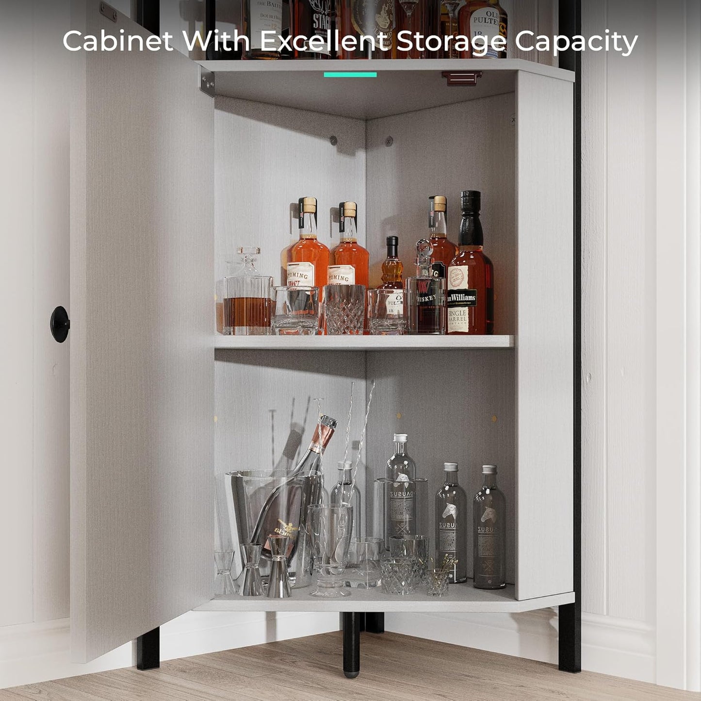 63” Tall Corner Bar Cabinet, Farmhouse Liquor Cabinet with Wine Rack (Holds 50+ Bottles), Glass Holder, Adjustable Shelves & Barn Door, Home Bar for Living Room/Kitchen, Ivory White