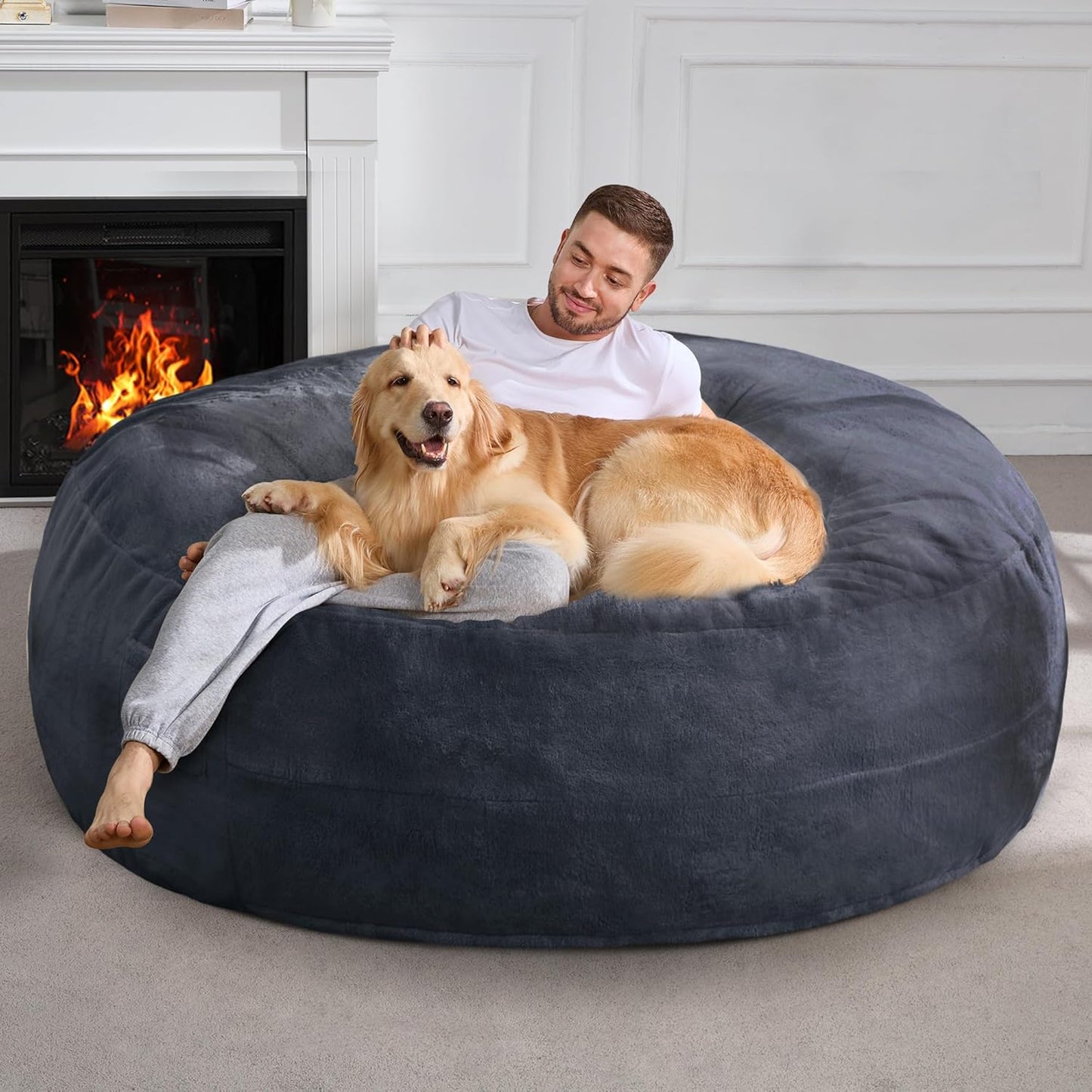 Hobestluk 6ft Bean Bag Chairs for Adults Large Beanbag Chair with Plush Faux Fur Cover Big Bean Bag Chair for Living Room Bedroom Dorm Office - Dark Grey (70" x 70" x 15")