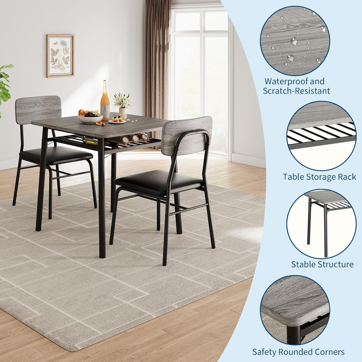 GarveeHome Dining Table for 2 with Storage Rack, Small Kitchen Table for 2 with Metal Frame, Square Table with Upholstered Chairs Set of 2, 3-Piece Dining Room Set for Small Space, Apartment, Gray