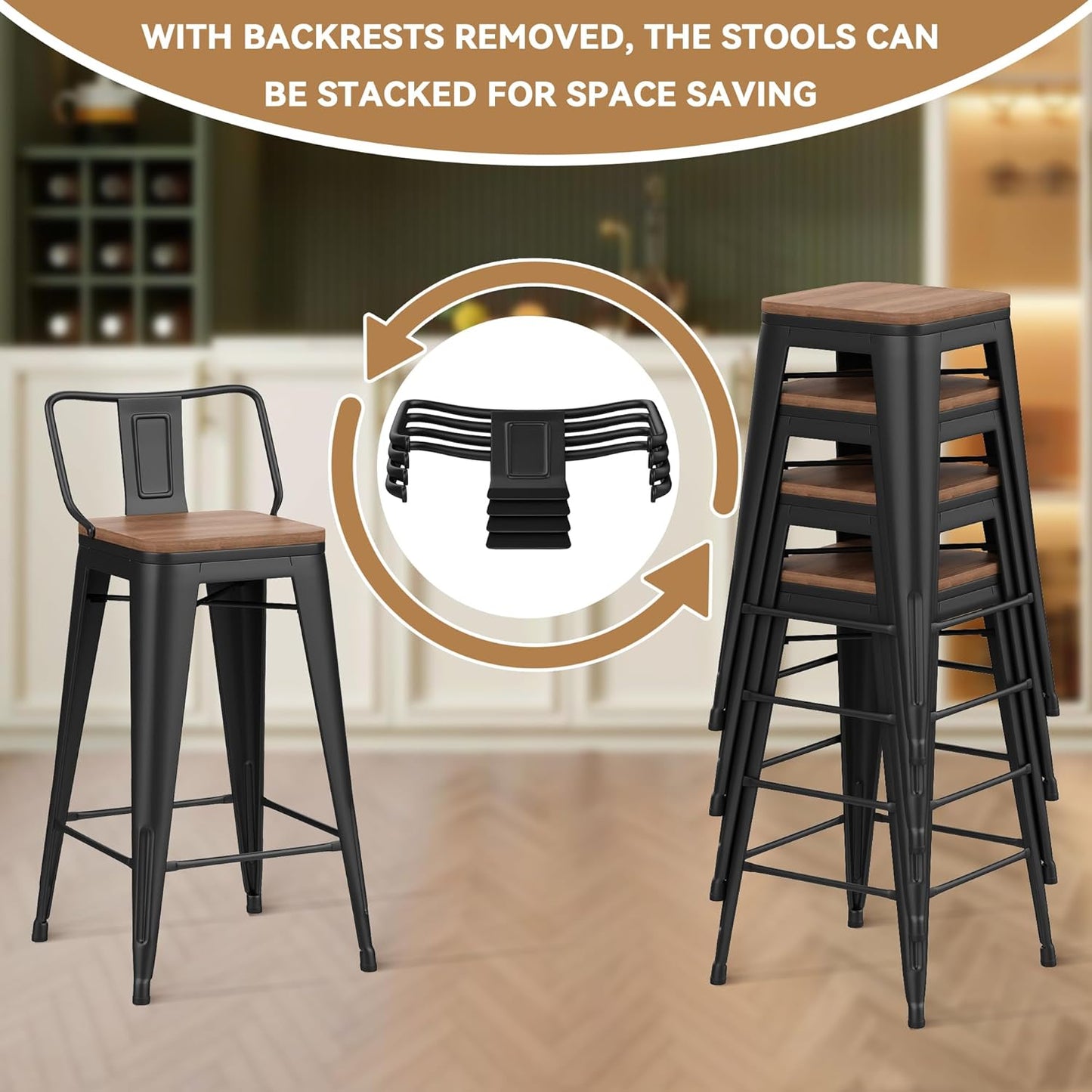 30 Inch Swivel Bar Stools Set of 4 with Backs Counter Height Industrial Metal Barstools Island Bar Chairs for Home Kitchen Dining Room (Swivel 30 inch,Matte Black Wooden)