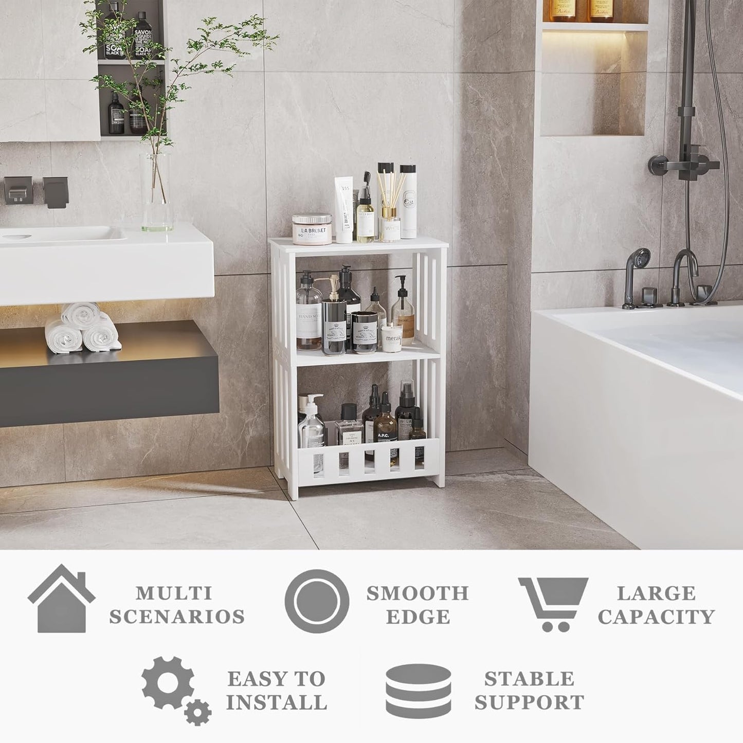 3 Tier Side Table Night Stand, Narrow End Table with Display Shelf, Small Bookcase Bookshelf, Simple Bedside Table Storage Rack for Bedroom, Living Room, Office, Bathroom, White