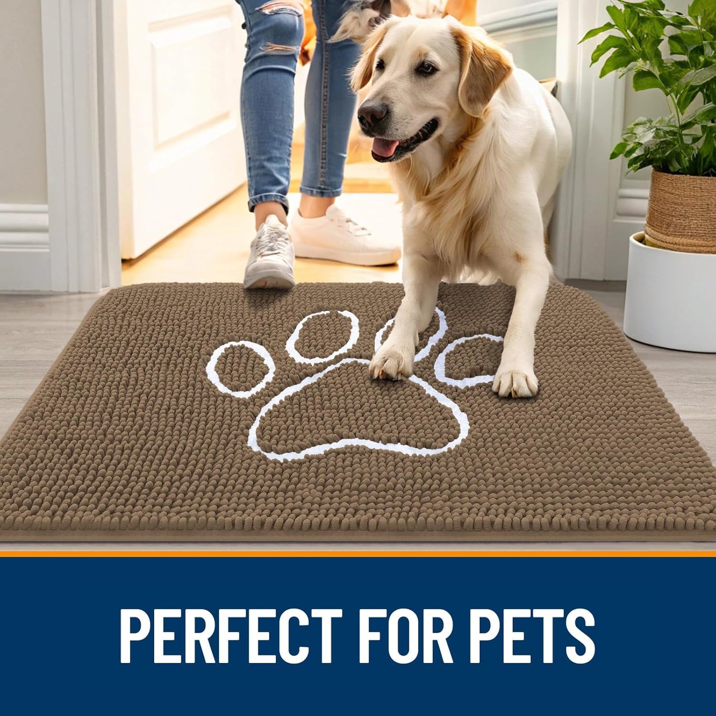 OLANLY Door Mat for Muddy Dog Paws 48x30, Ultra Absorbent Chenille Mud Doormat with Paw Print Design, Non-Slip Washable Doormat for Indoor Entryway, Quick-Dry Pet Bed Mats for Dirty Dogs, Tan