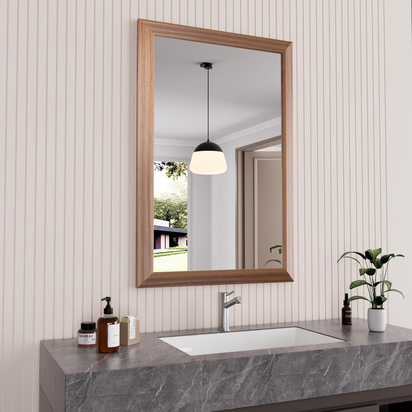 Amorho 24x36 Inch Bathroom Mirror for Wall, Walnut Wood Grain Metal Framed Mirror, Anti-Rust, Hang Horizontally/Vertically, Suitable for Bedroom, Farmhouse, Bathroom, Decorative