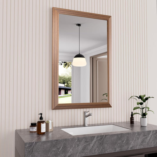 Amorho 24x36 Inch Bathroom Mirror for Wall, Walnut Wood Grain Metal Framed Mirror, Anti-Rust, Hang Horizontally/Vertically, Suitable for Bedroom, Farmhouse, Bathroom, Decorative