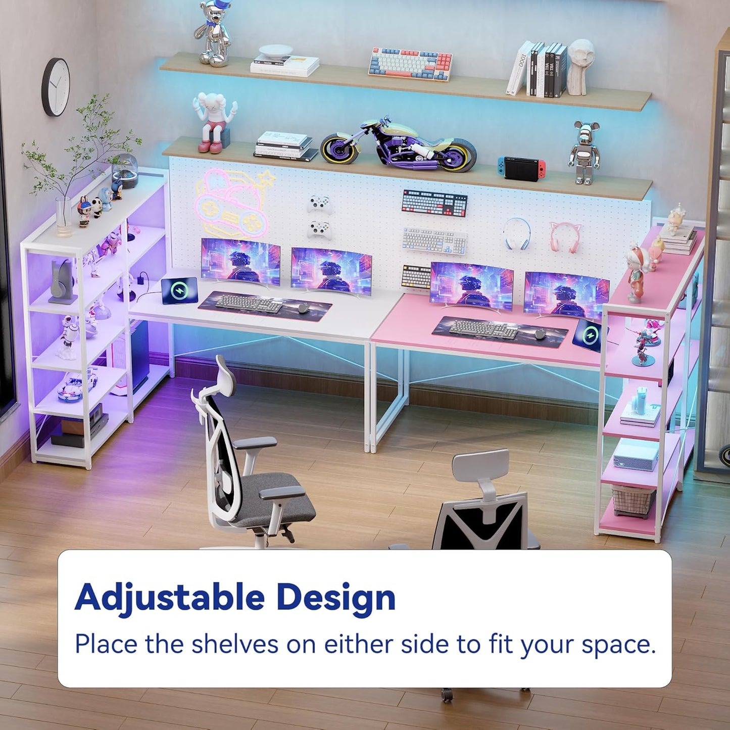 Pamray L Shaped Computer Desk with Reversible Side Storage Shelves, 49 Inch Gaming Desk with Power Outlets and Led Lights, PC Table for Home Office and Bedroom Pink
