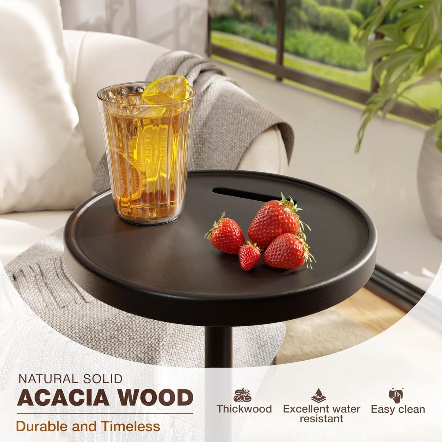 Drink Table, 24.4" Tall Compact Side Table with Phone Slot and Weighted Base, Durable Pedestal Table Accent for Living Room (Stepped Base, Black)