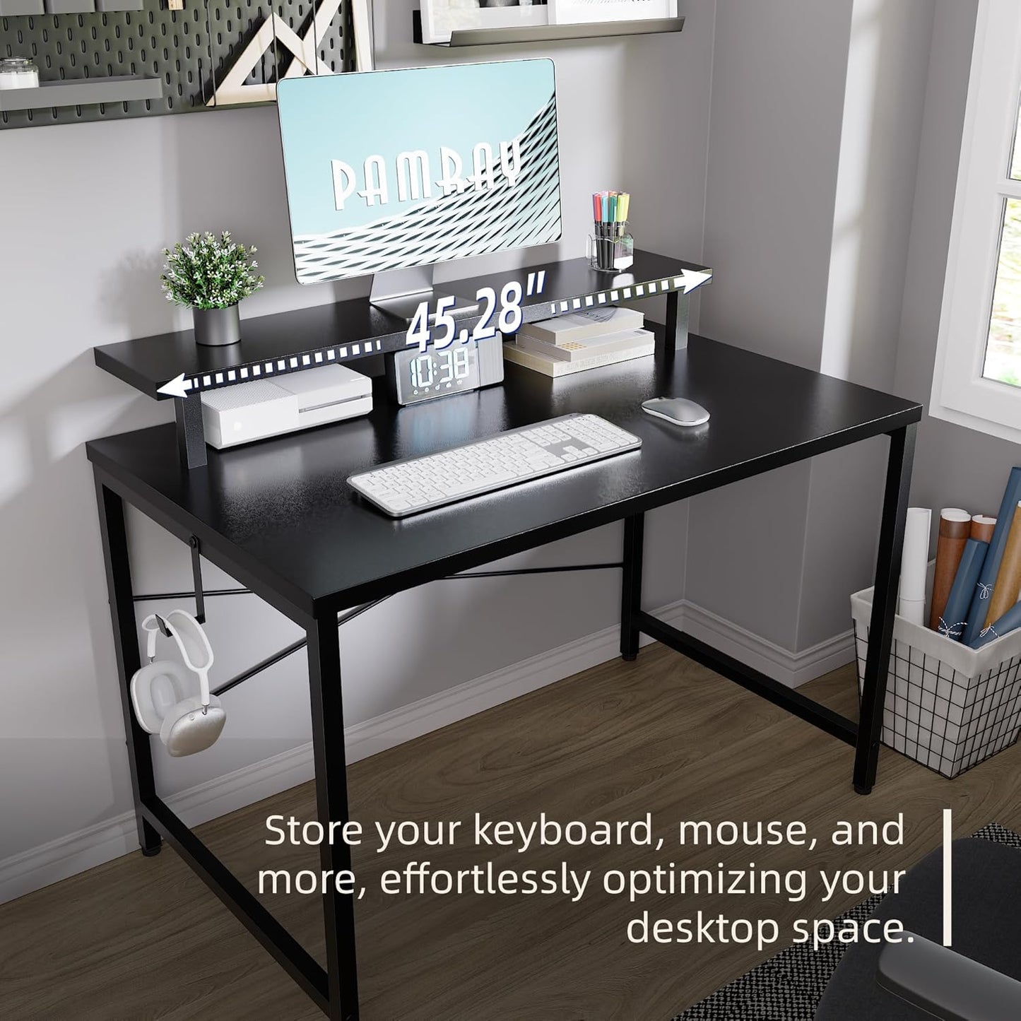 Pamray 32 Inch Small Computer Desk with Monitor Stand, Simple Office Desk with Headphone Hook for Small Spaces, Kids Study Writing Table for Bedroom, Black