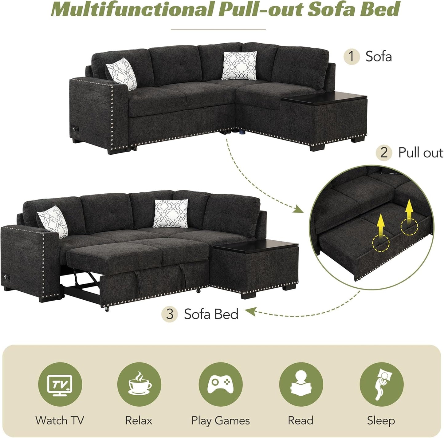 Merax Modern 83.8" Sectional Couch Bed with Storage Chaise/USB Ports/Cup Holder, L-Shape Pull Out Sleeper Sofa for Living Room, Black